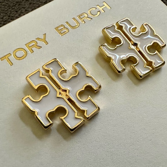 NEW Tory Burch KIRA Stud Earrings; Tory Gold & White; comes on TB Earring Card - Picture 1 of 6
